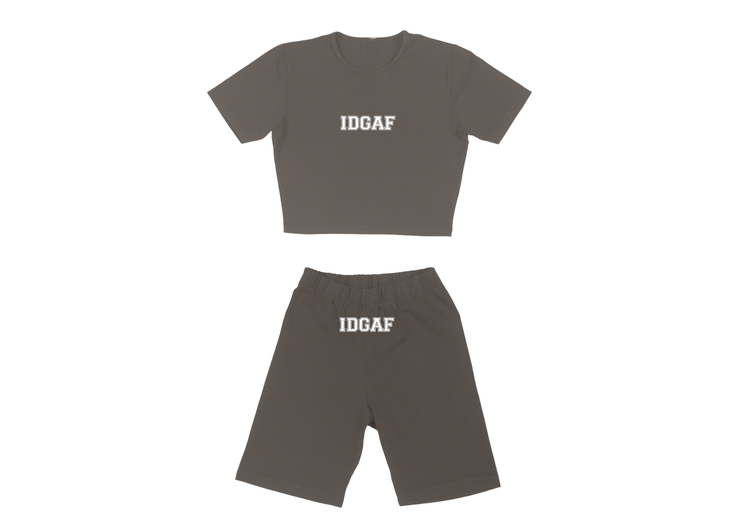 IDGAF Womens Crew Crop Top Biker Set Brown