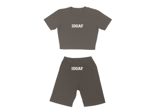 IDGAF Womens Crew Crop Top Biker Set Brown