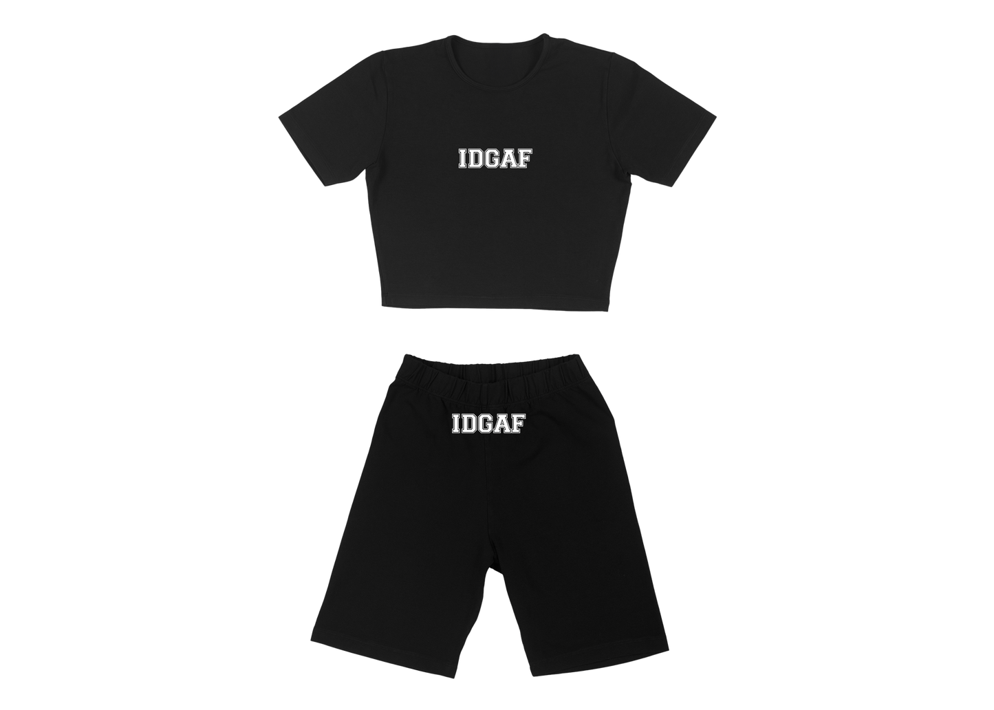 IDGAF Womens Crew Crop Top Biker Set Black