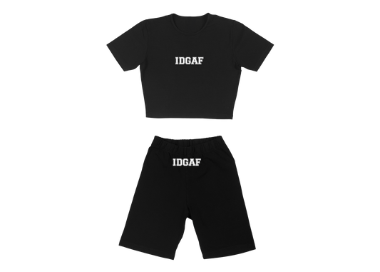 IDGAF Womens Crew Crop Top Biker Set Black