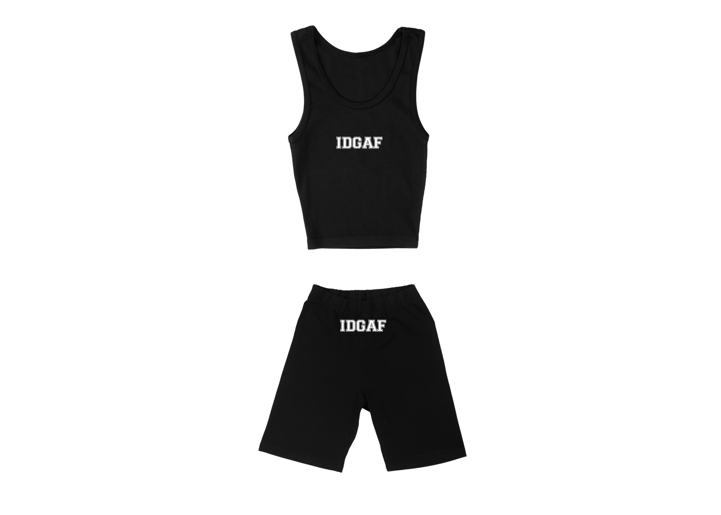 IDGAF Womens Tank Crop Top Biker Set Black