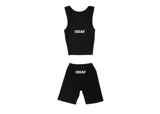 IDGAF Womens Tank Crop Top Biker Set Black